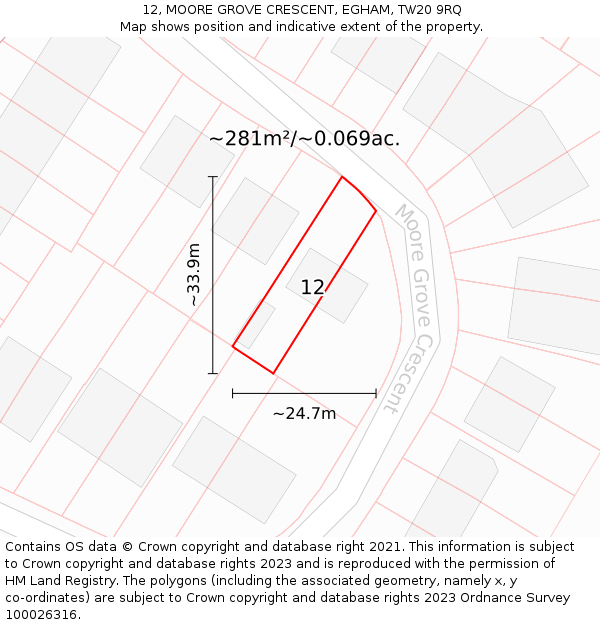 12, MOORE GROVE CRESCENT, EGHAM, TW20 9RQ: Plot and title map