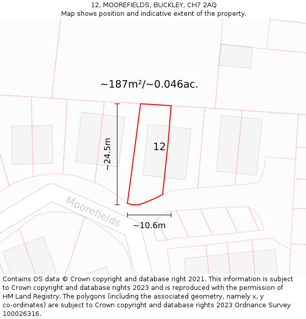 12, MOOREFIELDS, BUCKLEY, CH7 2AQ: Plot and title map