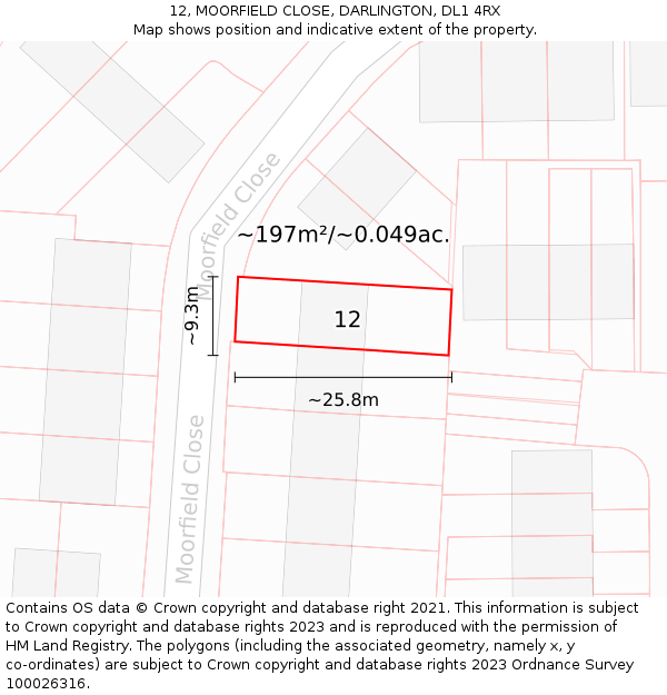 12, MOORFIELD CLOSE, DARLINGTON, DL1 4RX: Plot and title map