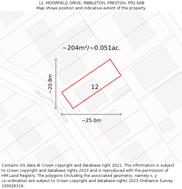 12, MOORFIELD DRIVE, RIBBLETON, PRESTON, PR2 6AB: Plot and title map