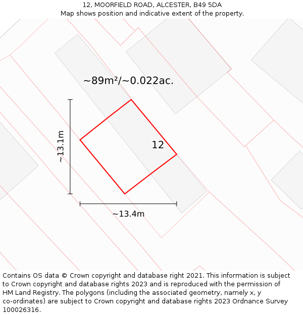 12, MOORFIELD ROAD, ALCESTER, B49 5DA: Plot and title map