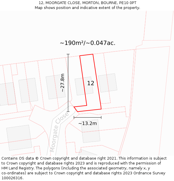 12, MOORGATE CLOSE, MORTON, BOURNE, PE10 0PT: Plot and title map