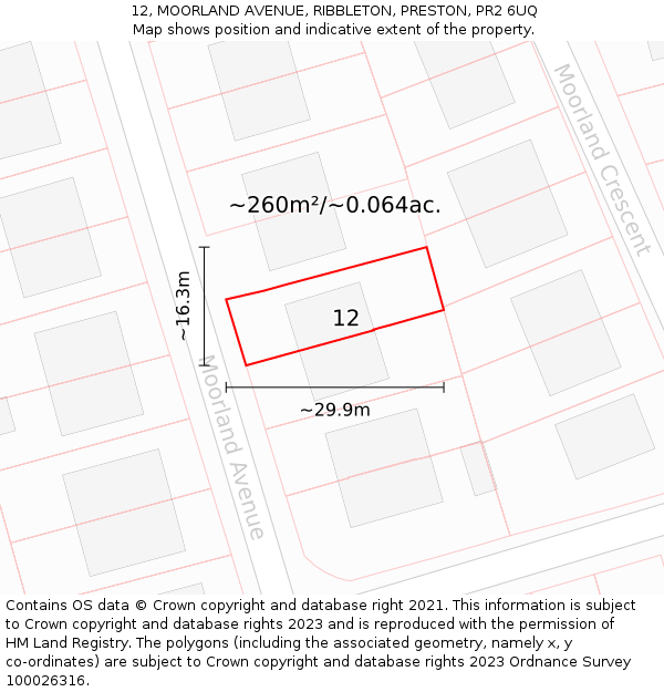 12, MOORLAND AVENUE, RIBBLETON, PRESTON, PR2 6UQ: Plot and title map