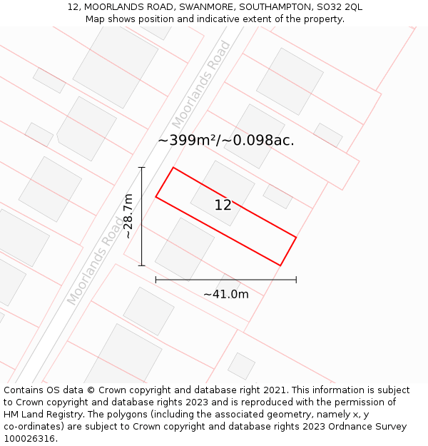 12, MOORLANDS ROAD, SWANMORE, SOUTHAMPTON, SO32 2QL: Plot and title map