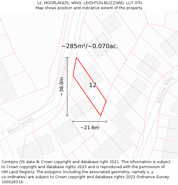 12, MOORLANDS, WING, LEIGHTON BUZZARD, LU7 0TN: Plot and title map