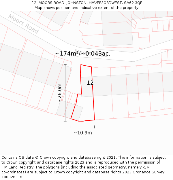 12, MOORS ROAD, JOHNSTON, HAVERFORDWEST, SA62 3QE: Plot and title map