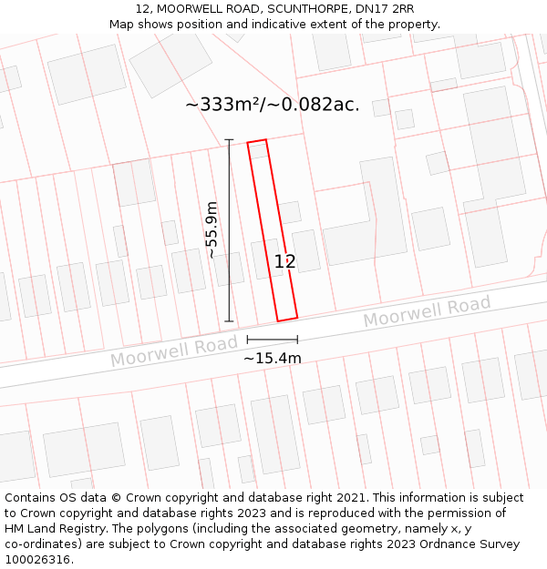 12, MOORWELL ROAD, SCUNTHORPE, DN17 2RR: Plot and title map