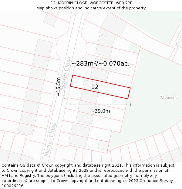 12, MORRIN CLOSE, WORCESTER, WR3 7PF: Plot and title map