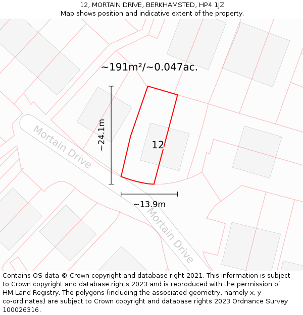 12, MORTAIN DRIVE, BERKHAMSTED, HP4 1JZ: Plot and title map