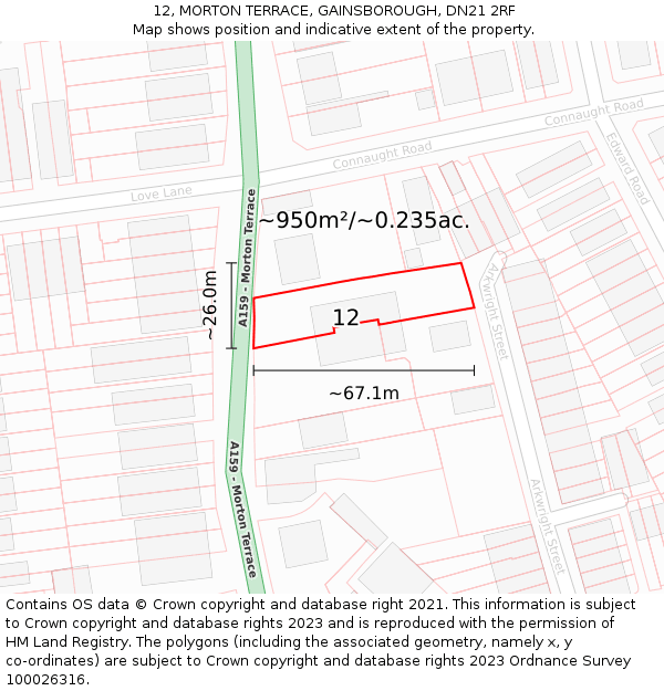 12, MORTON TERRACE, GAINSBOROUGH, DN21 2RF: Plot and title map