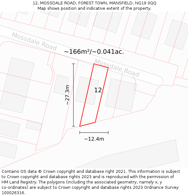 12, MOSSDALE ROAD, FOREST TOWN, MANSFIELD, NG19 0QQ: Plot and title map