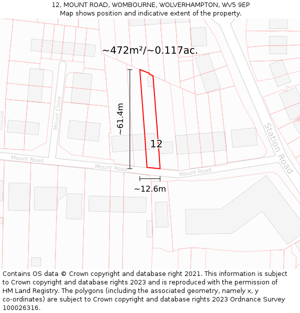 12, MOUNT ROAD, WOMBOURNE, WOLVERHAMPTON, WV5 9EP: Plot and title map