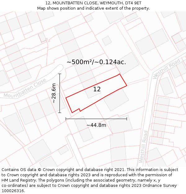 12, MOUNTBATTEN CLOSE, WEYMOUTH, DT4 9ET: Plot and title map