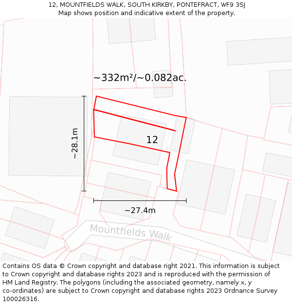 12, MOUNTFIELDS WALK, SOUTH KIRKBY, PONTEFRACT, WF9 3SJ: Plot and title map