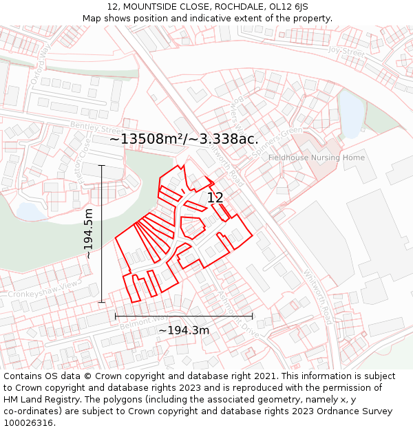12, MOUNTSIDE CLOSE, ROCHDALE, OL12 6JS: Plot and title map