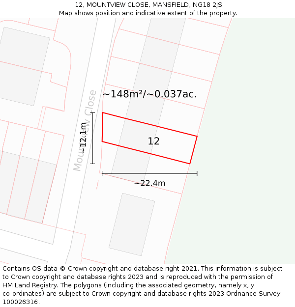 12, MOUNTVIEW CLOSE, MANSFIELD, NG18 2JS: Plot and title map