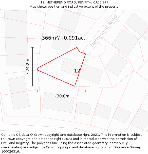 12, NETHEREND ROAD, PENRITH, CA11 8PF: Plot and title map