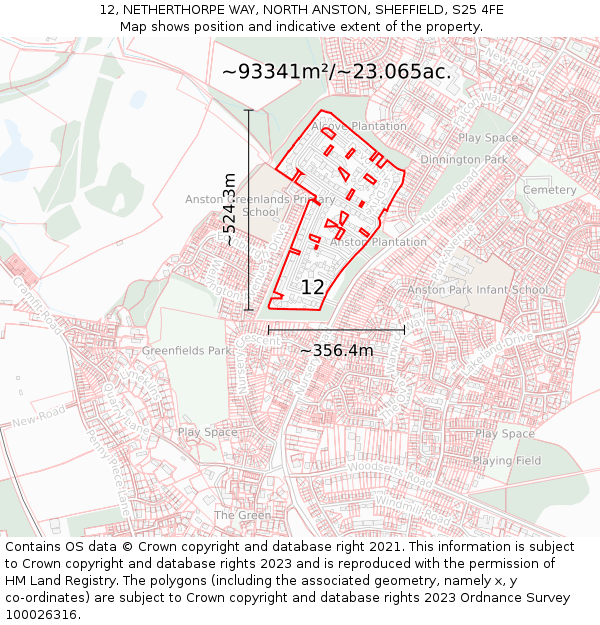 12, NETHERTHORPE WAY, NORTH ANSTON, SHEFFIELD, S25 4FE: Plot and title map