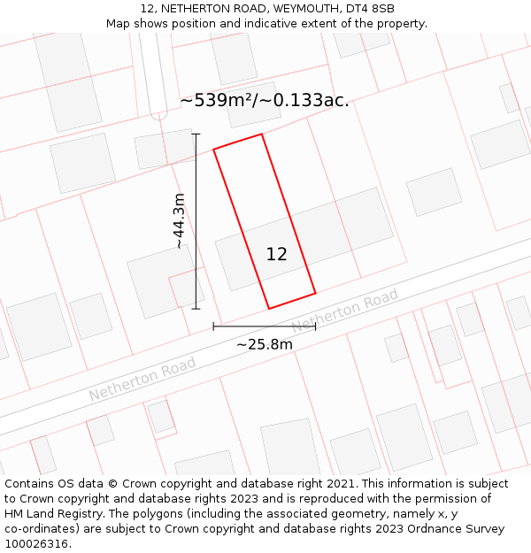 12, NETHERTON ROAD, WEYMOUTH, DT4 8SB: Plot and title map