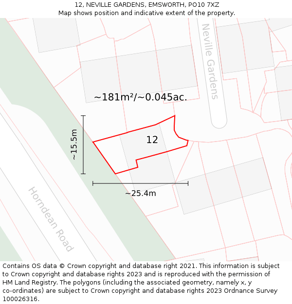 12, NEVILLE GARDENS, EMSWORTH, PO10 7XZ: Plot and title map