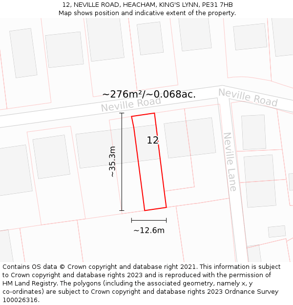12, NEVILLE ROAD, HEACHAM, KING'S LYNN, PE31 7HB: Plot and title map