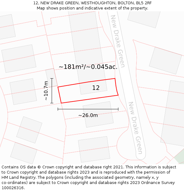 12, NEW DRAKE GREEN, WESTHOUGHTON, BOLTON, BL5 2RF: Plot and title map