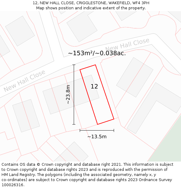 12, NEW HALL CLOSE, CRIGGLESTONE, WAKEFIELD, WF4 3PH: Plot and title map