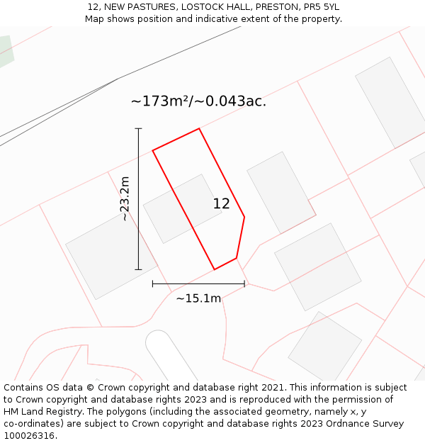 12, NEW PASTURES, LOSTOCK HALL, PRESTON, PR5 5YL: Plot and title map