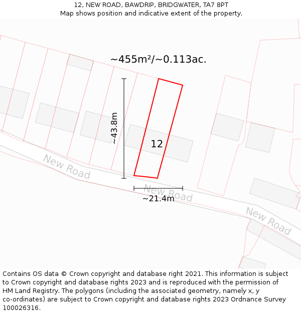12, NEW ROAD, BAWDRIP, BRIDGWATER, TA7 8PT: Plot and title map
