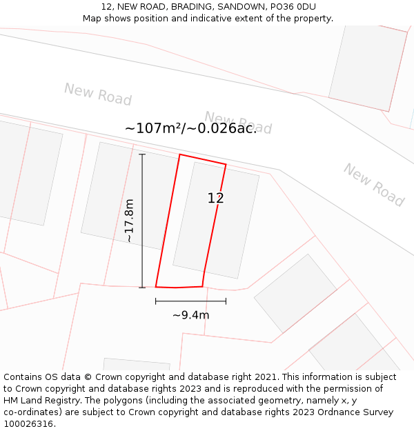12, NEW ROAD, BRADING, SANDOWN, PO36 0DU: Plot and title map