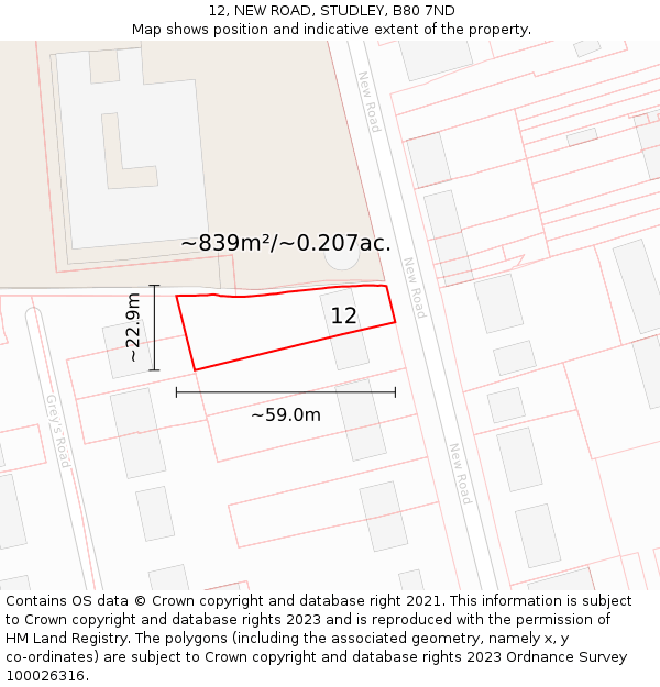 12, NEW ROAD, STUDLEY, B80 7ND: Plot and title map