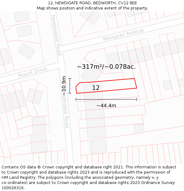 12, NEWDIGATE ROAD, BEDWORTH, CV12 8EE: Plot and title map