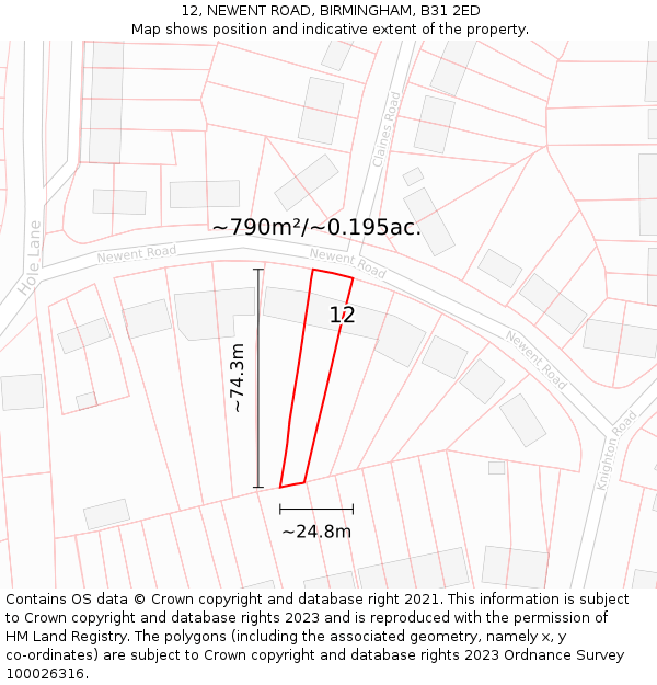 12, NEWENT ROAD, BIRMINGHAM, B31 2ED: Plot and title map
