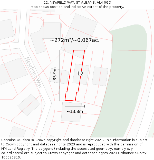 12, NEWFIELD WAY, ST ALBANS, AL4 0GD: Plot and title map