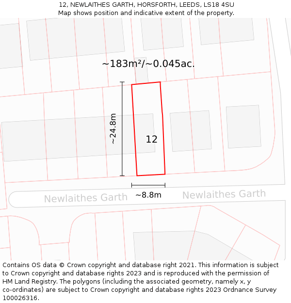 12, NEWLAITHES GARTH, HORSFORTH, LEEDS, LS18 4SU: Plot and title map