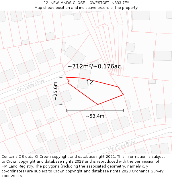 12, NEWLANDS CLOSE, LOWESTOFT, NR33 7EY: Plot and title map