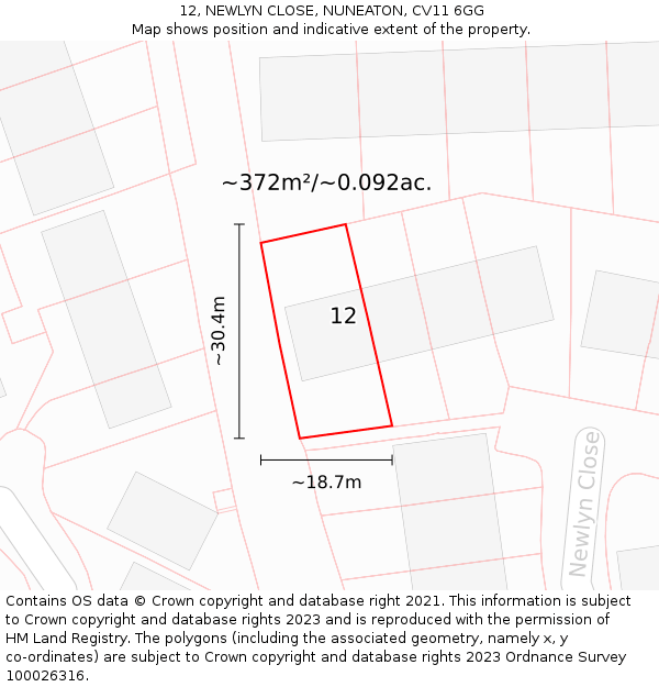 12, NEWLYN CLOSE, NUNEATON, CV11 6GG: Plot and title map