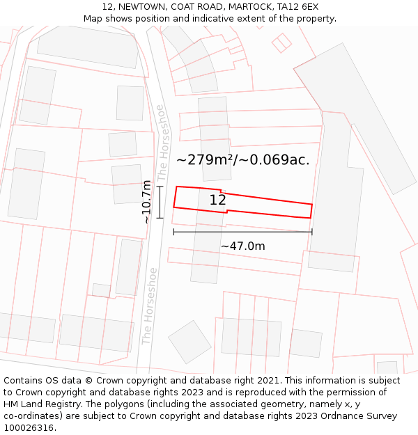 12, NEWTOWN, COAT ROAD, MARTOCK, TA12 6EX: Plot and title map