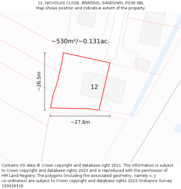 12, NICHOLAS CLOSE, BRADING, SANDOWN, PO36 0BL: Plot and title map
