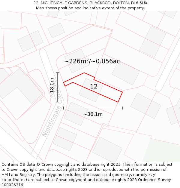 12, NIGHTINGALE GARDENS, BLACKROD, BOLTON, BL6 5UX: Plot and title map