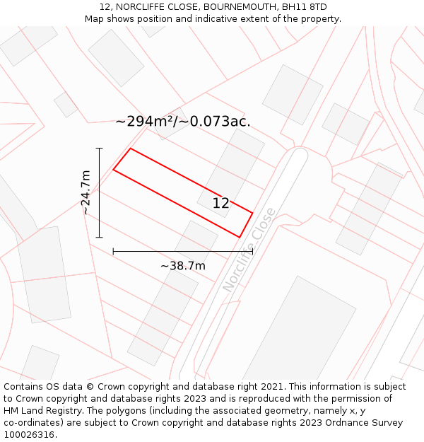 12, NORCLIFFE CLOSE, BOURNEMOUTH, BH11 8TD: Plot and title map