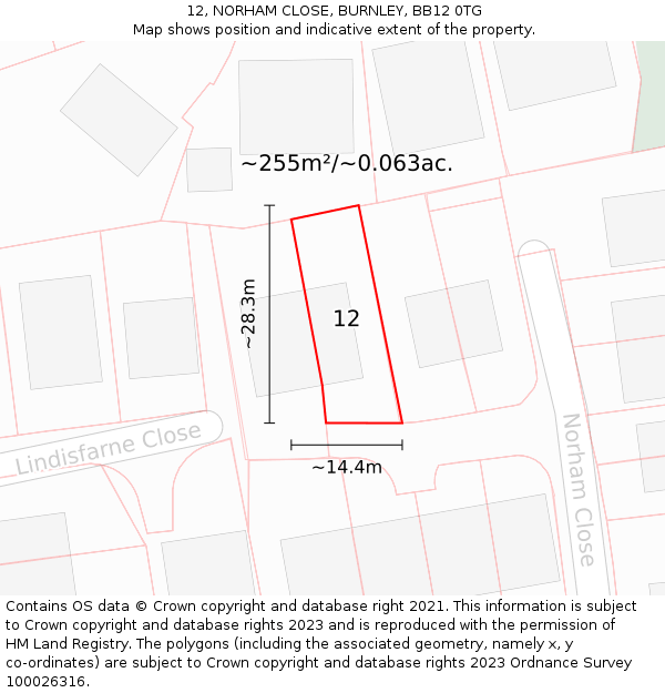 12, NORHAM CLOSE, BURNLEY, BB12 0TG: Plot and title map
