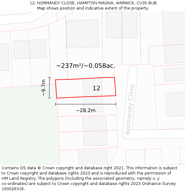 12, NORMANDY CLOSE, HAMPTON MAGNA, WARWICK, CV35 8UB: Plot and title map