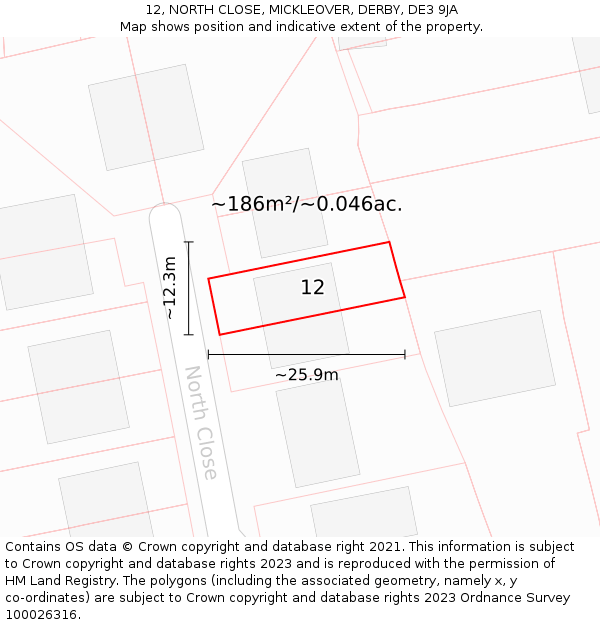 12, NORTH CLOSE, MICKLEOVER, DERBY, DE3 9JA: Plot and title map