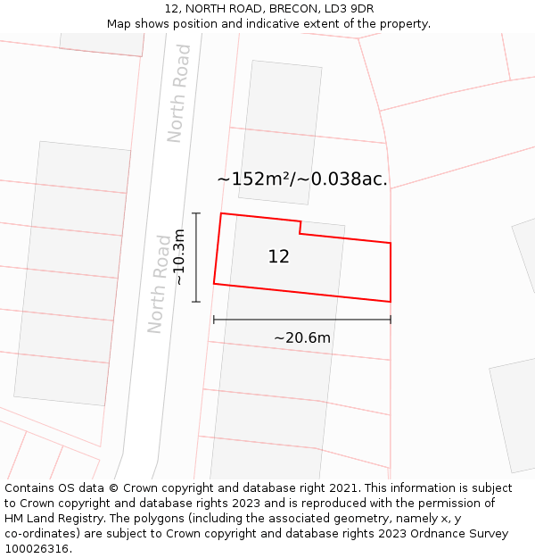 12, NORTH ROAD, BRECON, LD3 9DR: Plot and title map