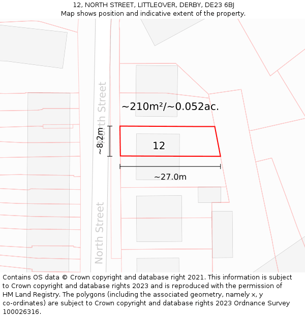 12, NORTH STREET, LITTLEOVER, DERBY, DE23 6BJ: Plot and title map