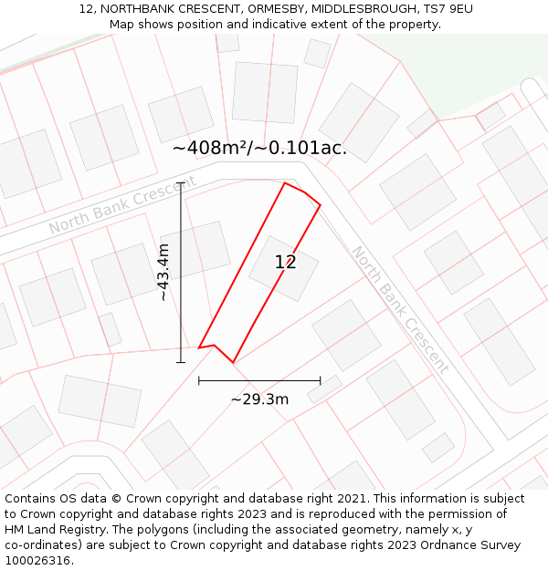 12, NORTHBANK CRESCENT, ORMESBY, MIDDLESBROUGH, TS7 9EU: Plot and title map