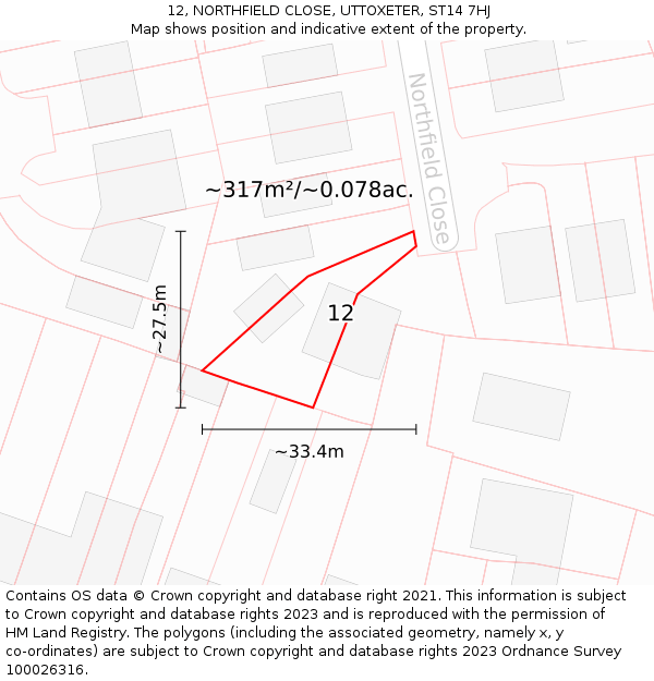 12, NORTHFIELD CLOSE, UTTOXETER, ST14 7HJ: Plot and title map