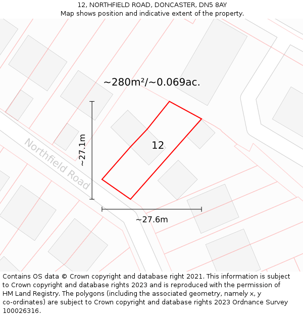 12, NORTHFIELD ROAD, DONCASTER, DN5 8AY: Plot and title map