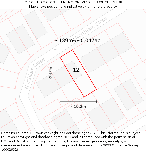 12, NORTHIAM CLOSE, HEMLINGTON, MIDDLESBROUGH, TS8 9PT: Plot and title map